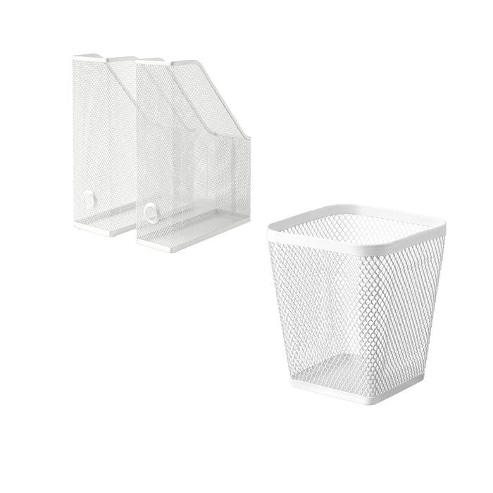 White mesh storage baskets on a white background