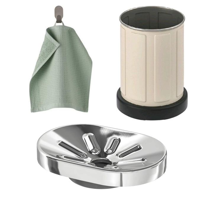 IKEA SALVIKEN Washcloth, light green, 30x30 cm with TOFTAN Toothbrush holder, beige and   KALKGRUND Soap dish, chrome-plated