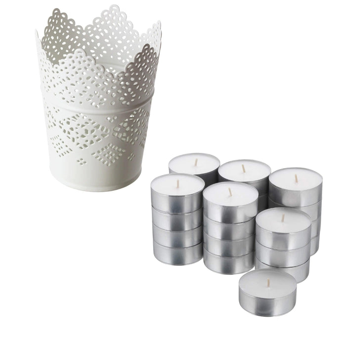 IKEA SKURAR Candle Holder, White, 11 cm (4 ").with GLIMMA Unscented Candle in Metal Cup - Pack of 24