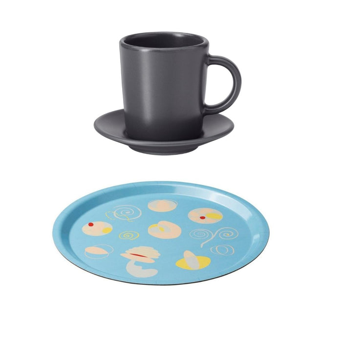 IKEA VÅRFEST Tray Set – Patterned Light Blue (32 cm) with Dark Grey Cup & Saucer (9 cl)