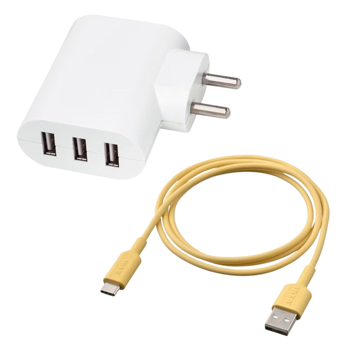 IKEA SMÅHAGEL 3-port USB charger in white with SITTBRUNN USB-A to USB-C light yellow cable, 1m-20539179, 90539487