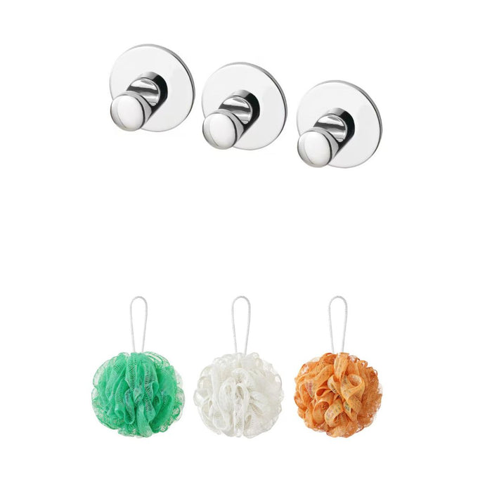 IKEA ÅBYÅN Body Puff Set of 3 with Self-Adhesive Hook – Orange/Green/White, Chrome-Plated Hook
