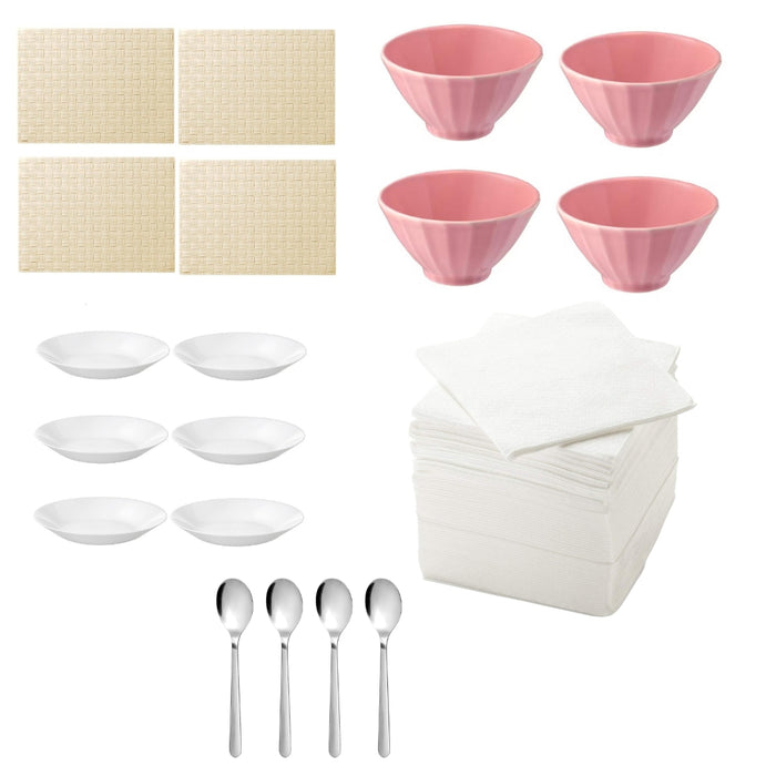 IKEA ORDENTLIG Place mat, off-white46x33 cm  4pack with Bowl, stoneware pink pack of 4 and  Deep plate, 20 cm pack of 6 Spoon, stainless steel, 19cm and Paper napkin, white30x30 cm