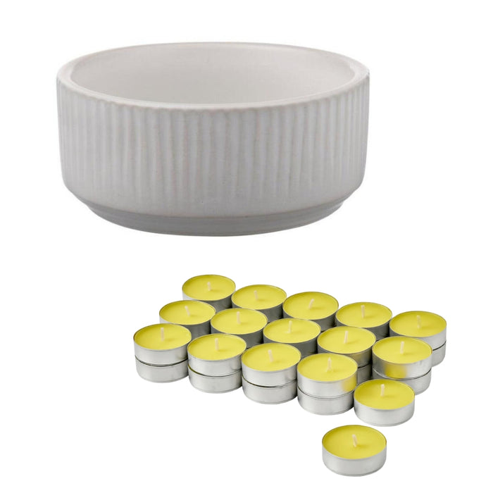 IKEA VÅRDANDE candle holder, ceramic, 3 cm with BLODHÄGG Scented tealight, lemon & lemongrass/yellow, 3.5 hr