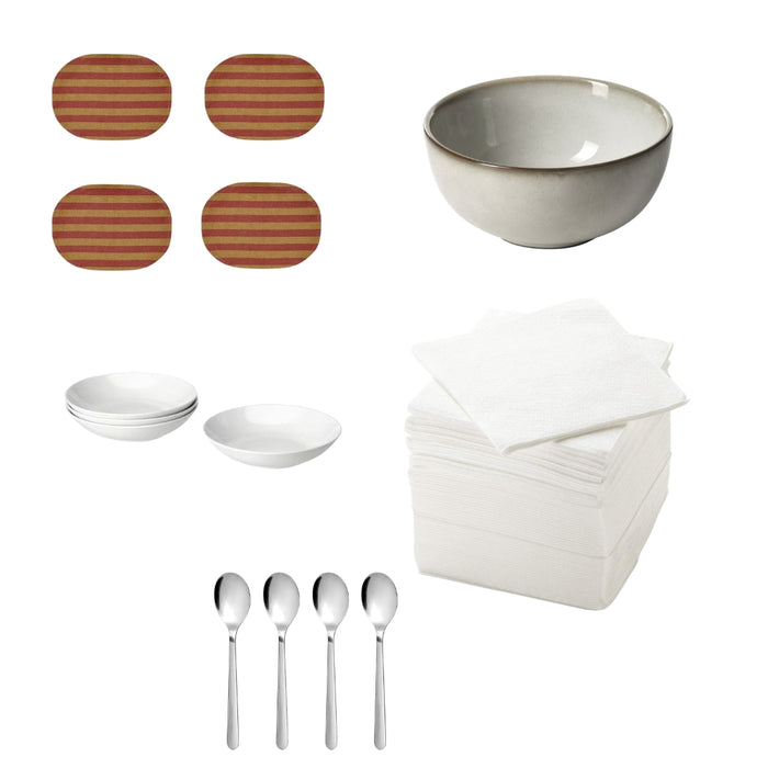 IKEA  KRÖSAMOS Place mat, striped/yellow red-brown, 45x35 cm  pack of 4 with  GLADELIG Bowl, grey, 11 cm and GODMIDDAG Deep plate, white, 23 cm  pack of 4 and  Spoon,19cm and  Paper napkin, white30x30 cm