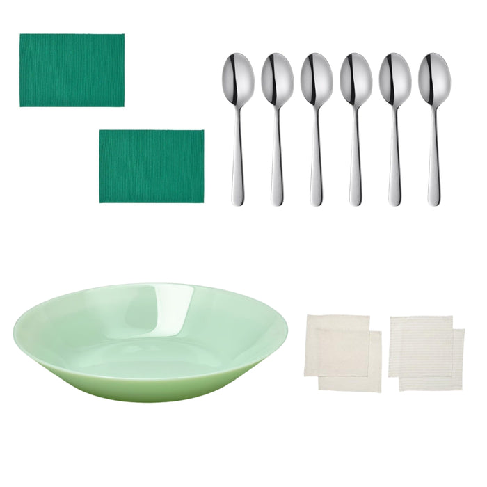 IKEA UTBYTT Place mat, dark green, 35x45 cm with OFTAST Deep plate, light green, 20 cm and Spoon, stainless steel, 20 cm  SILVERARV Napkin, striped light beige/off-white, 35x35 cm