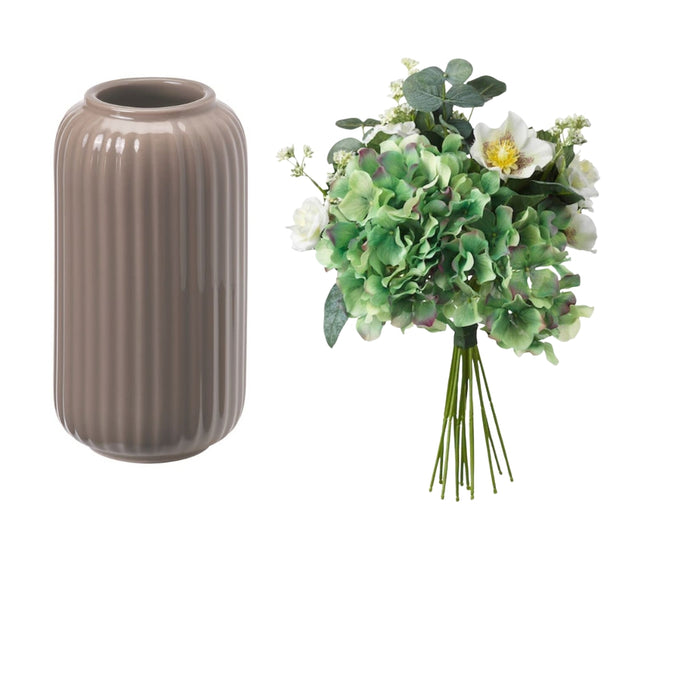 IKEA STILREN Vase, dark grey-beige, 12 cm with SMYCKA Artificial Bouquet, White, 35 cm (14 ")