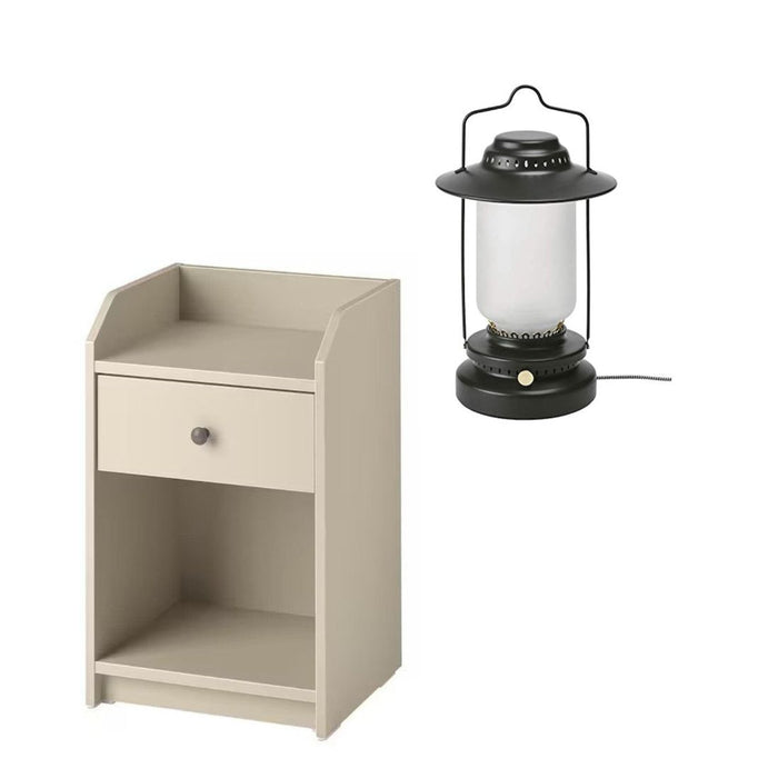 IKEA HAUGA Bedside table, beige, 40x36 cm with LED table lamp, dimmable outdoor/black, 35 cm
