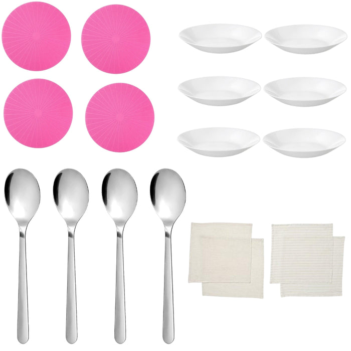 IKEA PANNÅ Placemats, Pink, 37 cm (15") - Pack of 4 with 6-Piece Deep Plate, white, 20 cm and FÖRNUFT Spoon, stainless steel, 19cm and SILVERARV Napkin, striped light beige/off-white, 35x35 cm