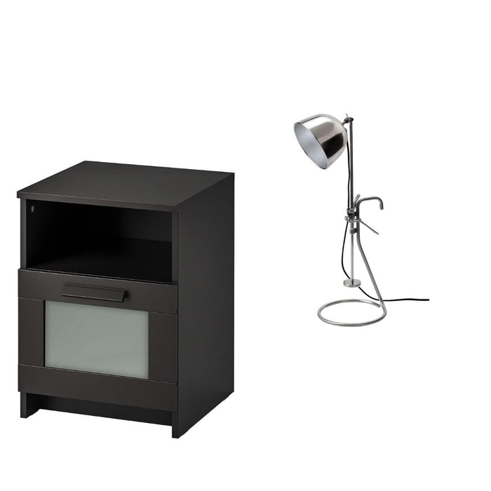 IKEA  BRIMNES Bedside table, black, 39x41 cm  with Clamp table lamp, stainless steel