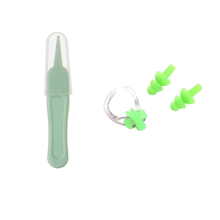 Digital Shoppy Baby Care Ear Nose Navel Cleaning Tweezers Safety Forceps Plastic Cleaner Clip (green)) with (green) Silicone Swimming Nose Clip with Ear Plugs Set for Swimming or Other Watersports