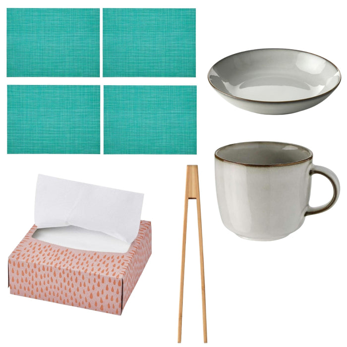 IKEA SNOBBIG Place Mat, 45x33 cm 4pack with GLADELIG Deep plate, grey, 21 cm and GLADELIG Mug, Gray, 37 CL and Paper napkin, patterned light pink/orange, 16x32 cm,  and Serving Tong, Bamboo