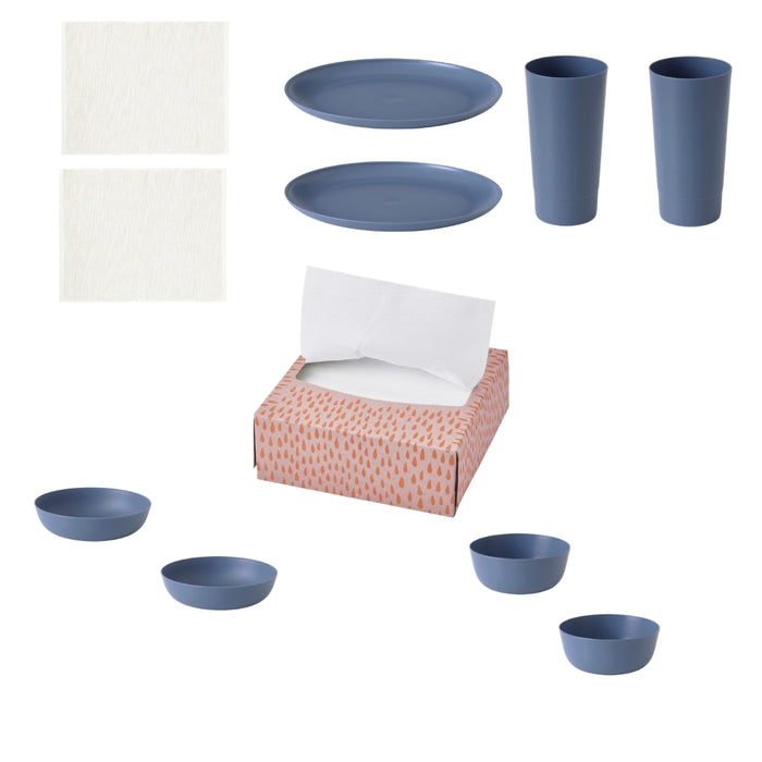 IKEA MÄRIT Place mat, natural35x45 cm (14x18 ") with VITABBORRE Plate, blue, 26 cm  and Deep plate, blue, 20 cm and  Bowl Blue, 16 cm  Glass, plastic 700 ml and  Paper napkin, patterned light pink/orange, 16x32 cm