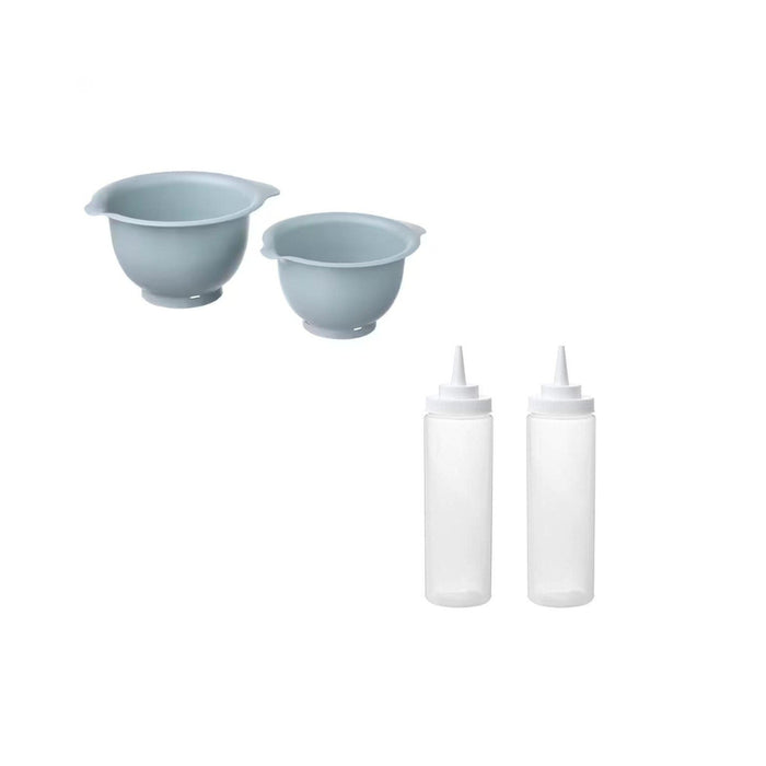 Two blue bowls and two white bottles with caps on a white background