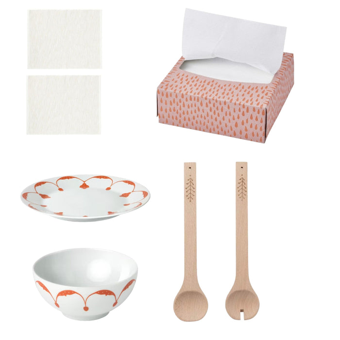 IKEA MÄRIT Place mat, natural35x45 cm with GOKVÄLLÅ Bowl, orange, 13 cm and  Plate, orange, 20 cm and 2-Pieces Kitchen Utensil Set (Fork, Spoon Salad) and  Paper napkin, patterned light pink/orange, 16x32 cm
