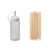 White squeeze bottle with a white cap and multiple wooden skewers on a white background