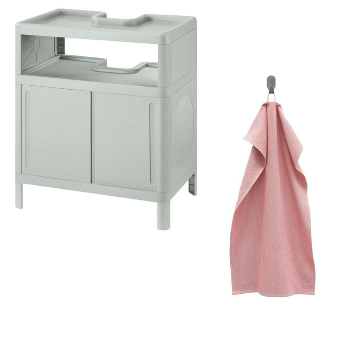 IKEA IVÖSJÖN Wash-basin base cabinet, with sliding doors/green, 50x33x57 cm with Hand towel, pink, 40x70 cm