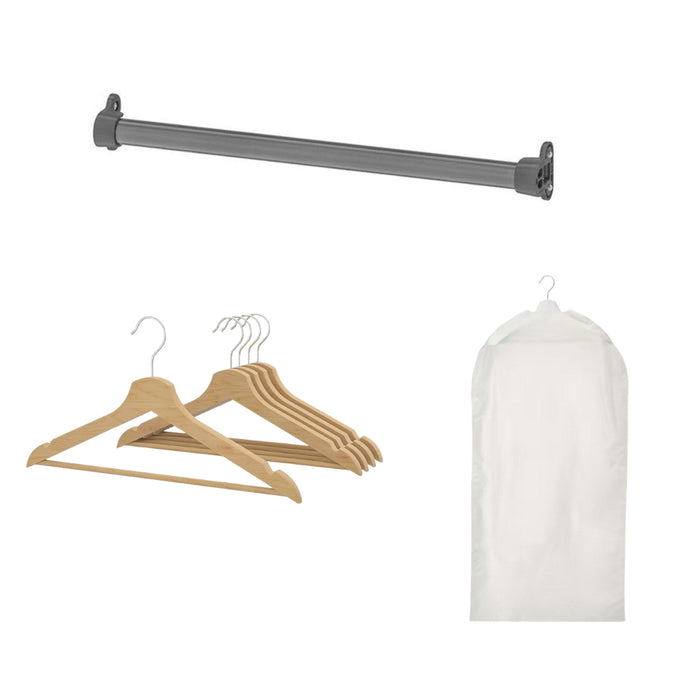 IKEA KOMPLEMENT Clothes rail, dark grey, 50 cm with BUMERANG Hanger, natural (5pack) and RENSHACKA Clothes cover, transparent white