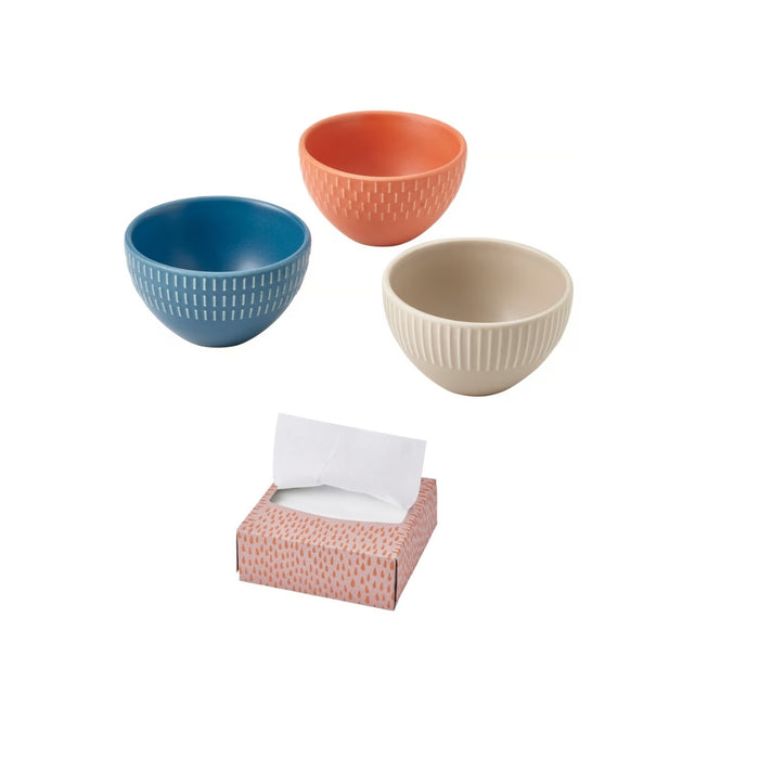IKEA KEJSERLIG Stoneware Bowls — Mixed Colours, 10cm | Set of 3, Microwave & Dishwasher Safe with paper napkins ( 100 pack )