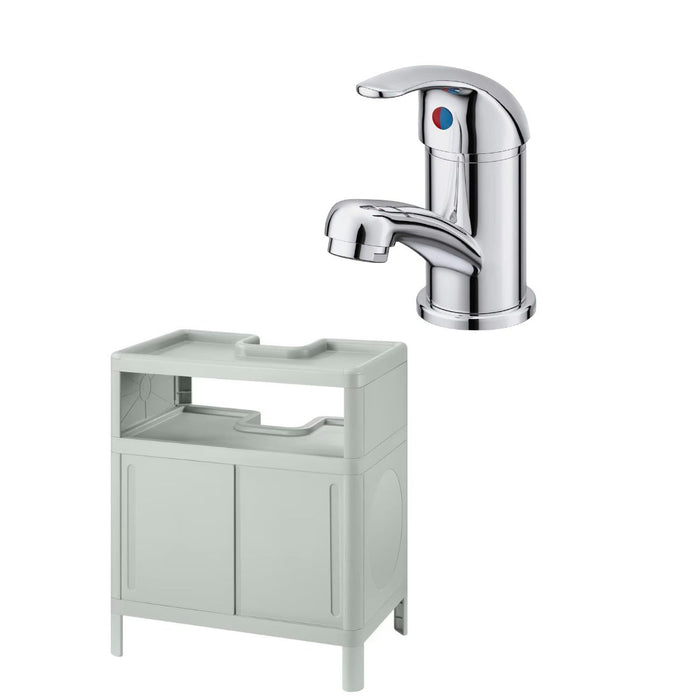 IKEA OLSKÄR Wash-basin mixer tap, chrome-plated with  IVÖSJÖN Wash-basin base cabinet, with sliding doors/green, 50x33x57 cm