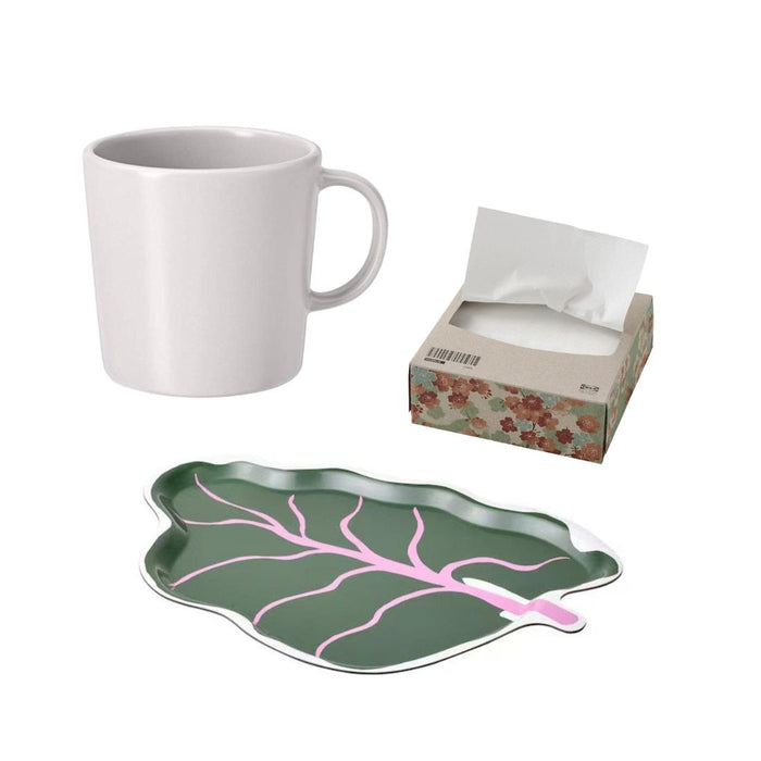 IKEA BASTUA Tray, leaf shaped green, 36x49 cm with Mug, beige30 cl & 100 pack of napkin set