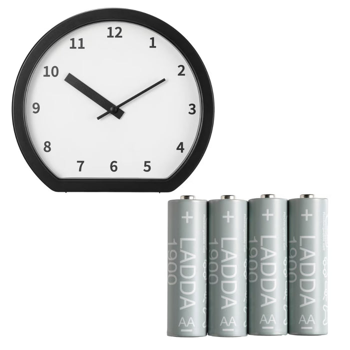 IKEA Home Decor Set - LÖVGRODA Minimalist Black Clock (22x20 cm) & LADDA High-Performance Rechargeable Batteries (AA, 4-Pack)