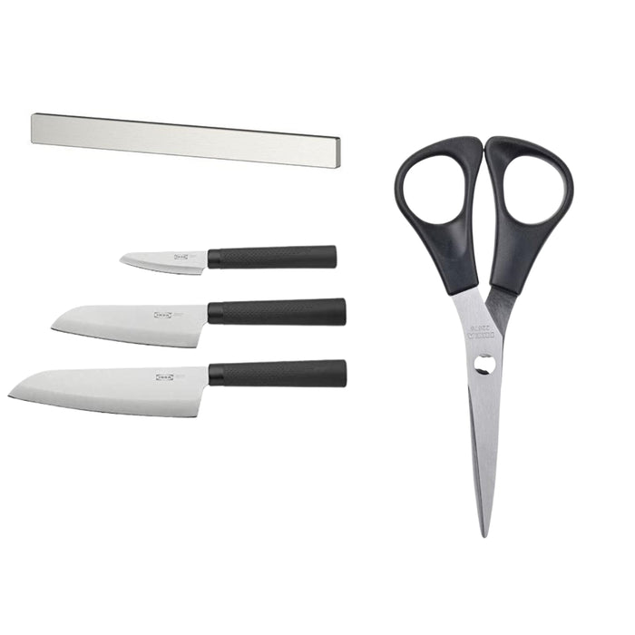 IKEA Kungsfors/MÅNÖGA /FÖRSLAG Magnetic knife rack, stainless steel, 56 cm withScissors, stainless steel/black and 3-piece knife set
