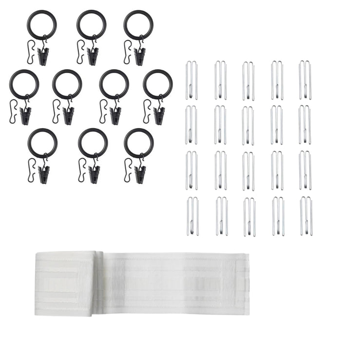 IKEA SYRLIG Curtain ring with clip and hook, black, 25 mm with  KRONILL Heading tape, white8.5x310 cm and RIKTIG Curtain hook20 pack