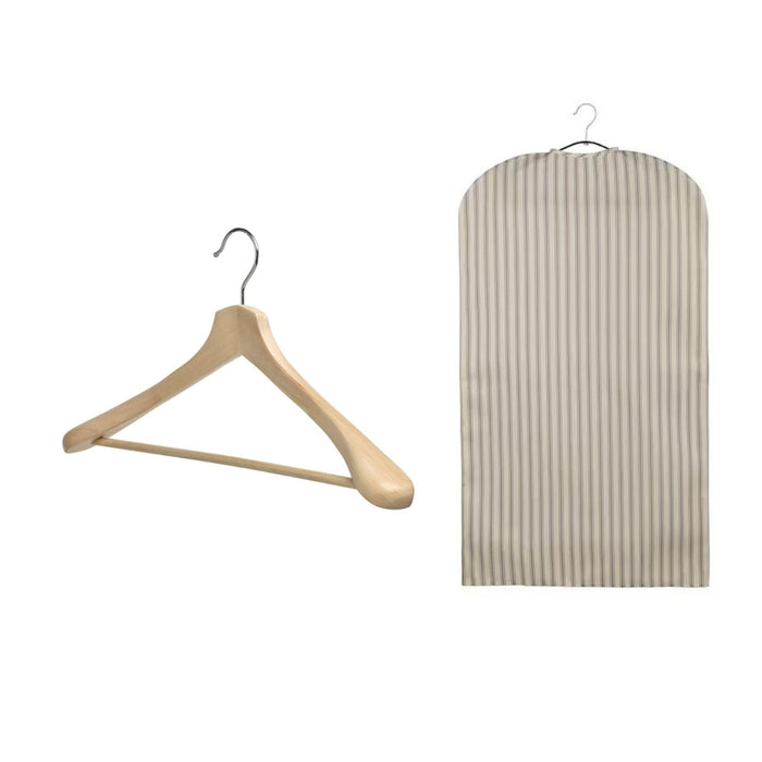 IKEA BUMERANG Coat hanger, natural with RÅGODLING Clothes cover, textile striped/beige anthracite