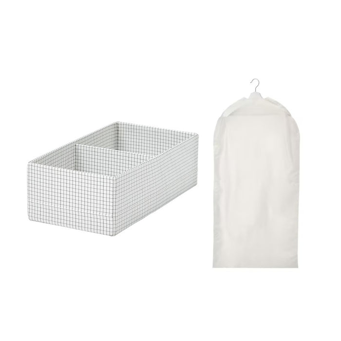 IKEA STUK Box with Compartments — White/Black, 17x32x10 cm | Wardrobe & Drawer Organiser with Clothes cover, transparent white ( 1 piece )