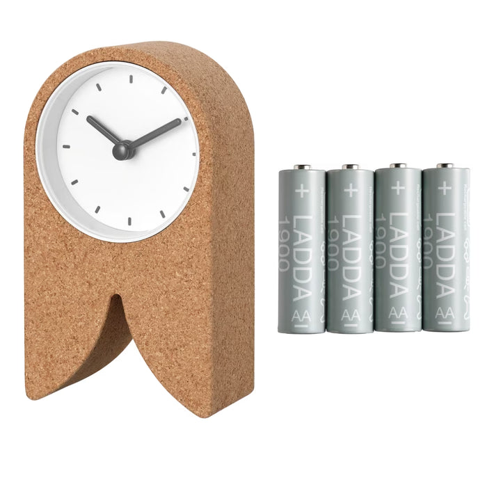 IKEA Home Essentials Set - FLODKRÄFTA Cork & White Alarm Clock (8x15 cm) & LADDA Rechargeable Batteries (AA, 4-Pack) |