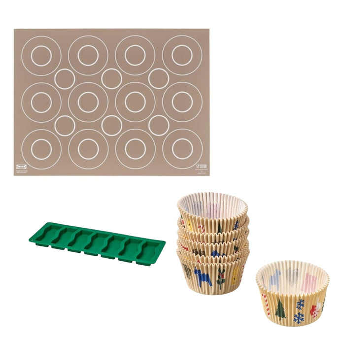 IKEA BAKTRADITION/VINTER/TABBERAS Baking Mat, Beige, 41x31 cm (16x12") with Baking cup, Christmas pattern multicolour and Baking mould, green