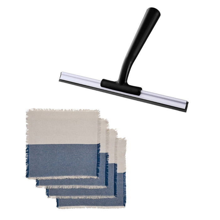 IKEA NISSÖGA Napkin, grey/dark blue, 35x35 cm (14x14 ") ( 4 pack) with LILLNAGGEN Squeegee, black.