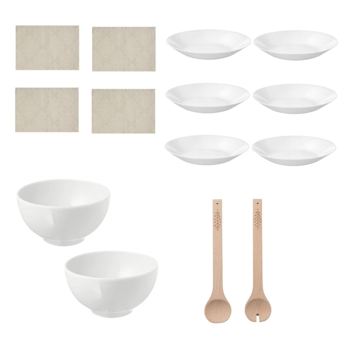 IKEA DOFTMINNE Place mat40x30 cm 4pack with Bowl, Rounded Sides White, 13 cm 2pack and  6-Piece Deep Plate, white, 20 cm and 2-Pieces Kitchen Utensil Set