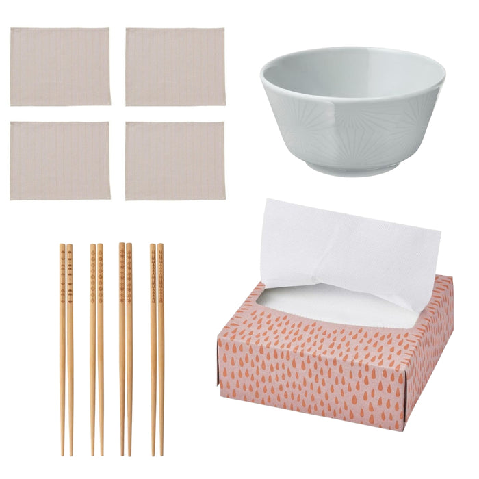 IKEA GOKVÄLLÅ Place mat, beige, 45x35 cm (17 ¾x13 ¾ ") 4pack with  Bowl, Light Grey, 14 cm and Chopsticks 4 Pairs, Bamboo and Paper napkin, patterned light pink/orange, 16x32 cm