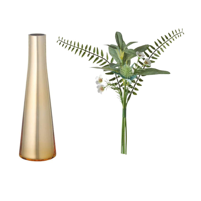 IKEA SMYCKA Artificial bouquet, in/outdoor green, 31 cm with UPPGJORD Vase, brass-colour21 cm