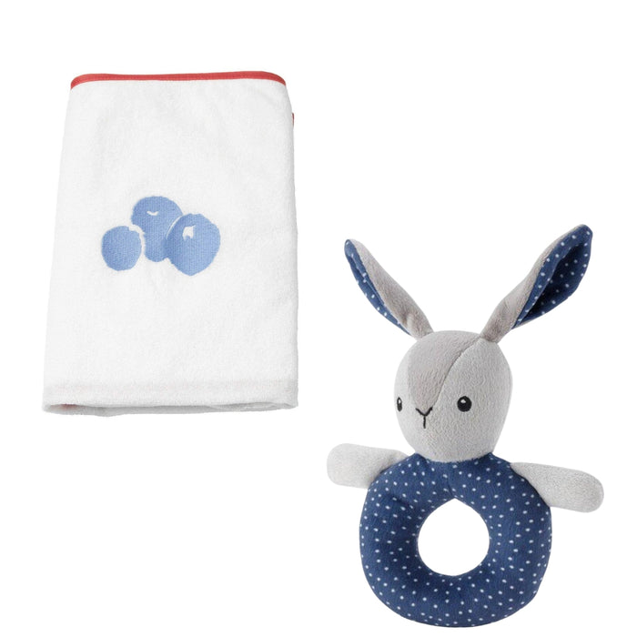 IKEA GULLIGAST Rattle, grey/blue with SKÖTSAM Cover for babycare mat, blueberry patterned/white83x55 cm