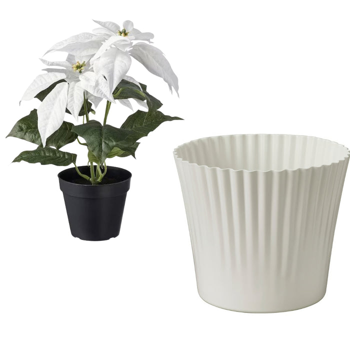 IKEA VINTERFINT Plant pot, white, 12 cm with  VINTERFINT Artificial potted plant, in/outdoor Poinsettia/white, 12 cm