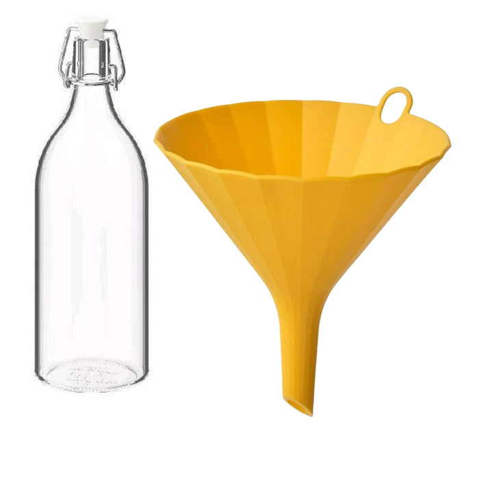 IKEA UPPFYLLD Funnel, 13 cm, bright yellow with Bottle with Stopper, Clear Glass, White,1 l (34 oz)