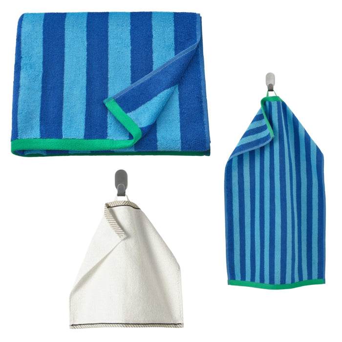 IKEA SLÅNHÖSTMAL/VIKFJÄRD Bath towel, bright blue/light blue striped, 70x140 cm with Hand towel, 40x70 cm and Washcloth, white30x30 cm