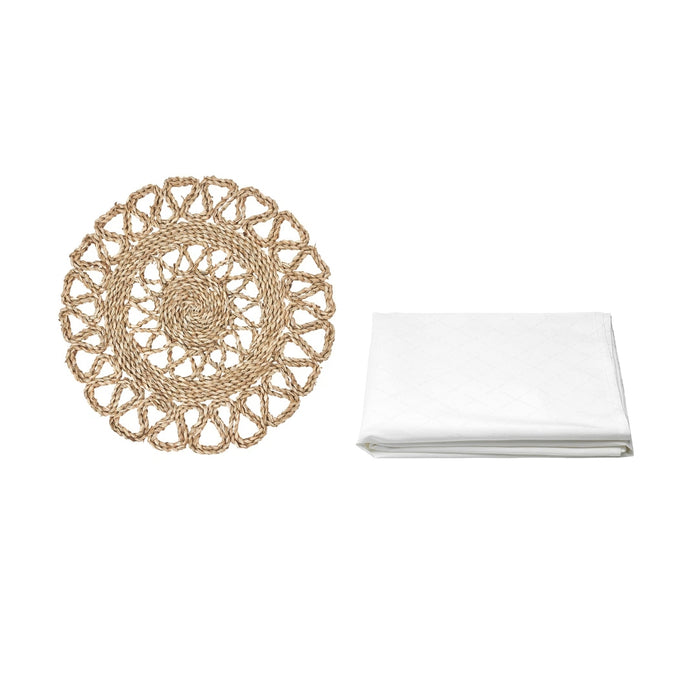 IKEA GALLSOPP Place Mat — Handwoven Sedge, 37cm | Natural Round Table Mat with table cloth, white, 145x 240 cm