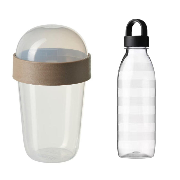 IKEA SPLITTERNY Snack container, transparent/light grey-brown, 300 ml with  Water bottle, striped/dark grey, 0.7 l