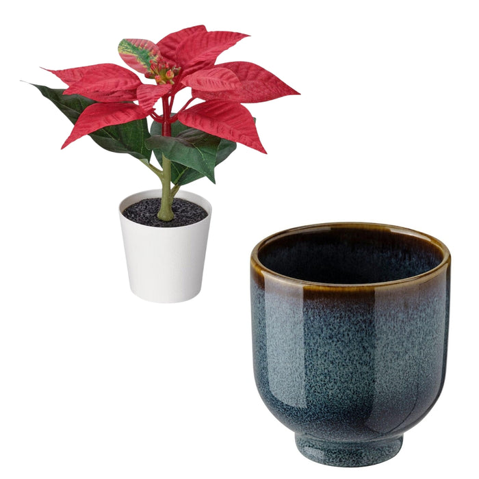 IKEA DRÖMSK Plant pot, in/outdoor dark blue6 cm with VINTERFINT Artificial potted plant with pot, in/outdoor/Poinsettia red6 cm