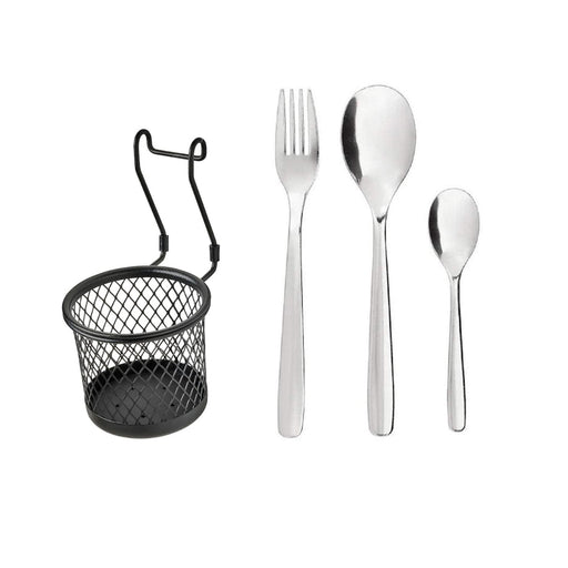 Set of silver cutlery including a fork, spoon, and knife with a black mesh basket on a white background.