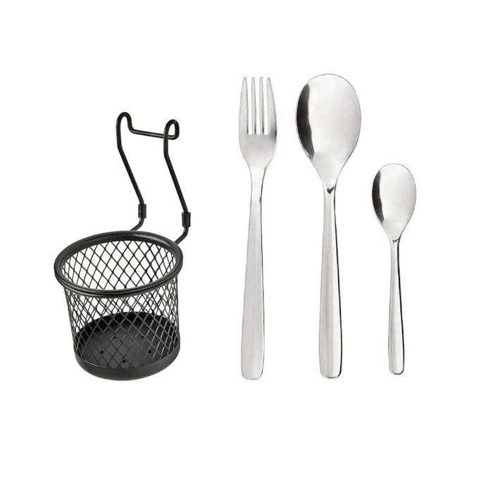 Set of silver cutlery including a fork, spoon, and knife with a black mesh basket on a white background.