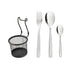Set of silver cutlery including a fork, spoon, and knife with a black mesh basket on a white background.