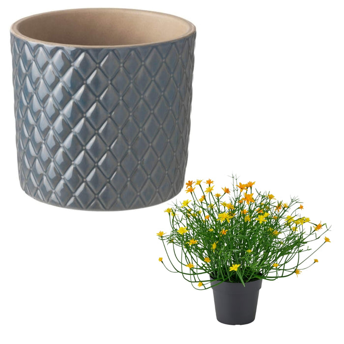 IKEA CHIAFRÖN Plant pot, grey, 9 cm with FEJKA Artificial potted plant, in/outdoor yellow, 9 cm (3 ½ ")