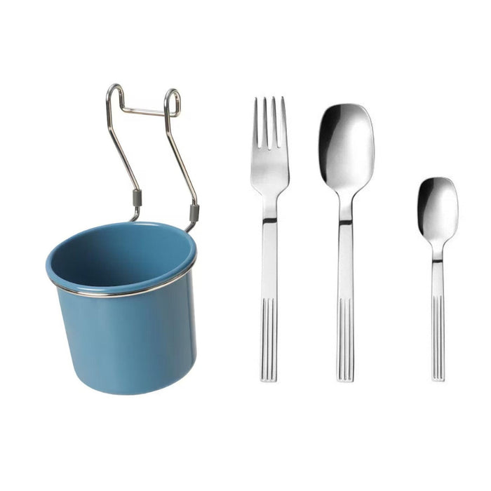 IKEA HULTARP Container, blue/nickel-plated, 14x16 cm (5 1/2x6 1/4 ") with cutlery set 18 pcs  stainless steel