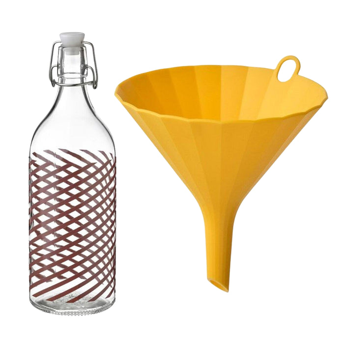 IKEA UPPFYLLD Funnel, 13 cm, bright yellow with KORKEN Bottle with stopper, clear glass striped/grey-pink, 1 l (34 oz)