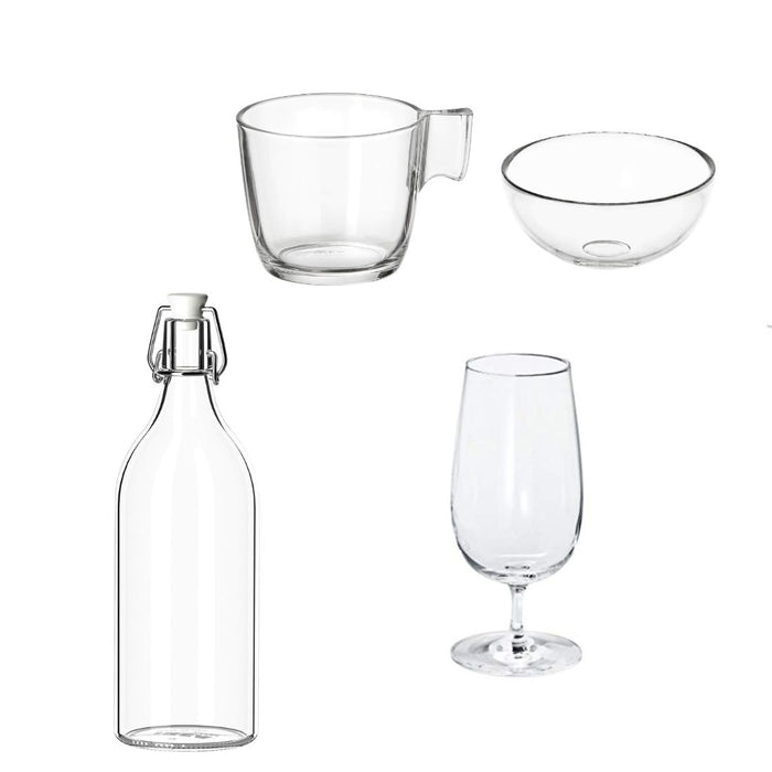 IKEA Clear Glass Drinkware & Serveware Set – Bottle with Stopper 1 L, Beer Glass 48 cl, Serving Bowl 12 cm & Mug 23 cl